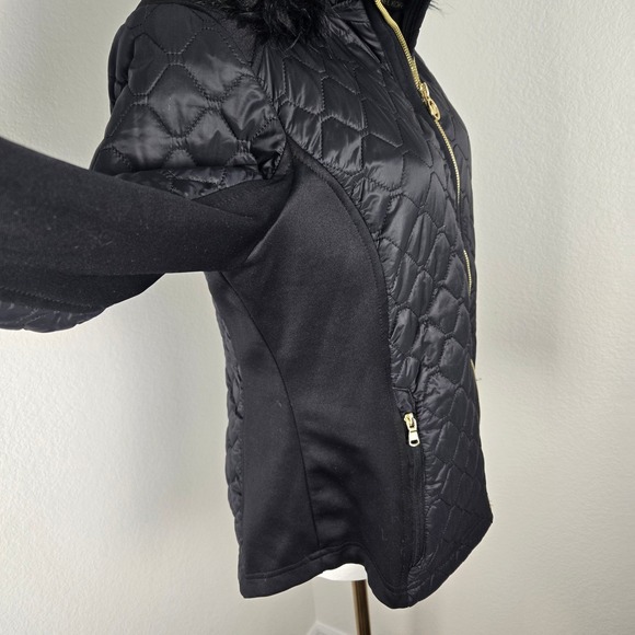 Michael‎ Kors Women Black Quilted Puffer Jacket Hooded Faux Fur Trim Gold Logo M - Picture 7 of 14